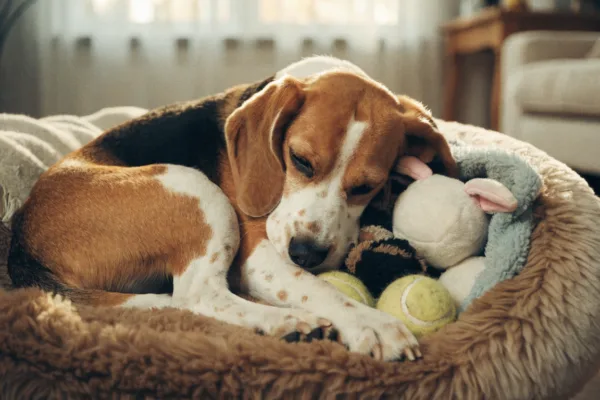A female Beagle experiences a false pregnancy, nesting protectively around her favorite plush dog toys.