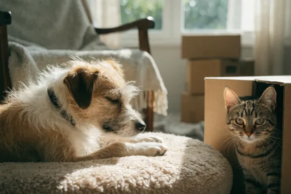 A rescue dog and shy tabby cat resting safely in a cozy living room during their initial decompression phase.