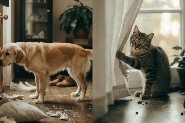 A dog and cat displaying signs of separation anxiety inside a damaged living room, illustrating the emotional toll on pandemic pets.
