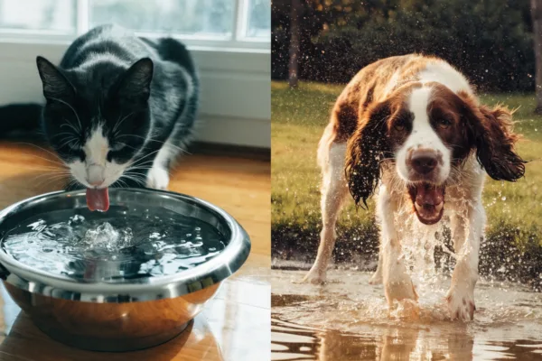 A cat drinking from a pristine indoor water fountain beside a dog happily slurping from a muddy outdoor puddle.