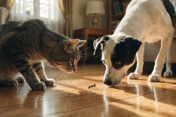 A curious cat and dog intently watch a small insect on the floor, highlighting their natural indoor hunting instincts.