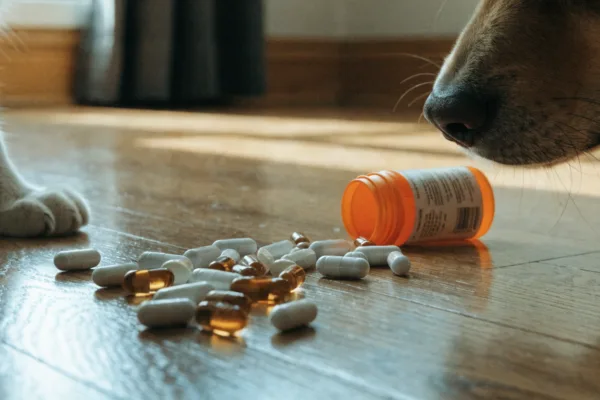Scattered human painkiller pills on the floor pose a life-threatening danger to approaching dogs and cats.