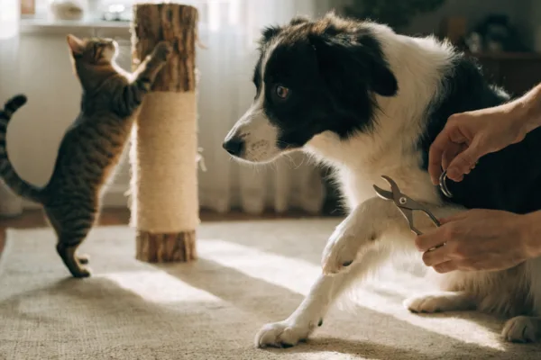 A wary dog pulls away from nail clippers while a cat scratches a sisal post, illustrating pets' instinctive resistance to nail care.