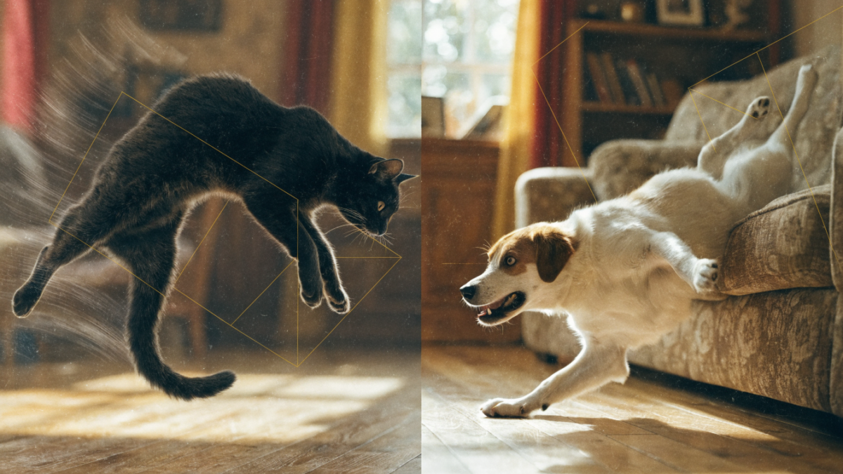 A split image showing a cat's graceful mid-air twist compared to a dog's clumsy tumble, illustrating physics.