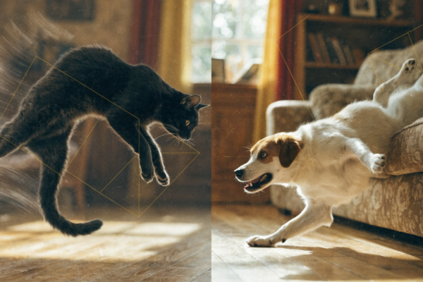 A split image showing a cat's graceful mid-air twist compared to a dog's clumsy tumble, illustrating physics.