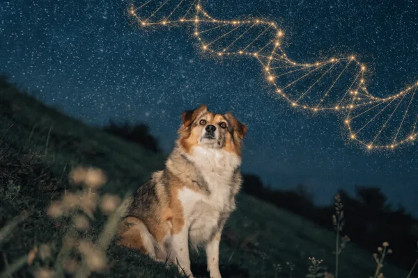 A curious dog gazes at a night sky featuring zodiac constellations and a glowing DNA helix.