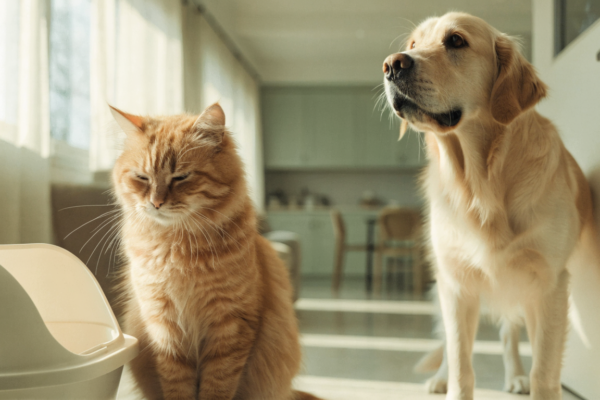 A cat and dog sit together in a living room, illustrating the distinct differences between canine and feline constipation.