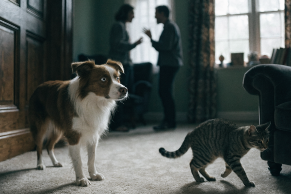 An anxious Border Collie watches its owners argue while a nervous tabby cat retreats under a chair.