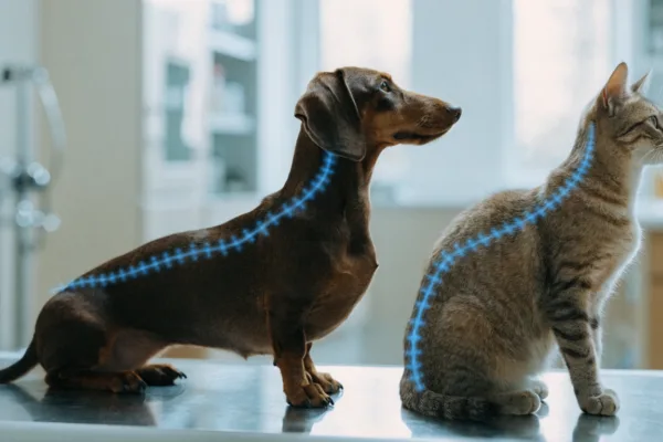 Veterinary concept image comparing the spinal anatomy of a Dachshund and a cat regarding slipped discs in pets.