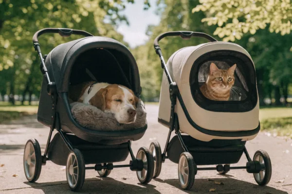 An elderly dog and an indoor cat rest comfortably in side-by-side pet strollers on a sunny park path.