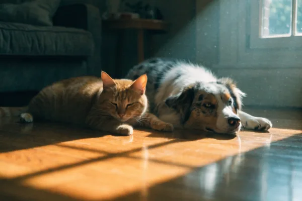 An Australian Shepherd and an orange tabby cat relax together in a bright square of sunlight on a hardwood floor.