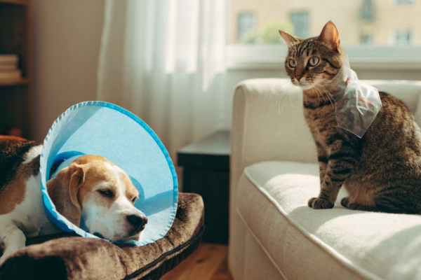 A sleepy dog resting in a recovery collar while an alert cat sits nearby, showing post-surgery healing differences.
