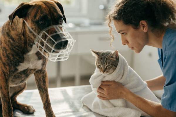 A relaxed Boxer dog wearing a basket muzzle and a towel-wrapped cat sit calmly on a vet examination table.