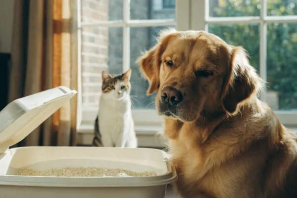 A guilty-looking dog sits next to a cat litter box while a cat watches closely from the background.