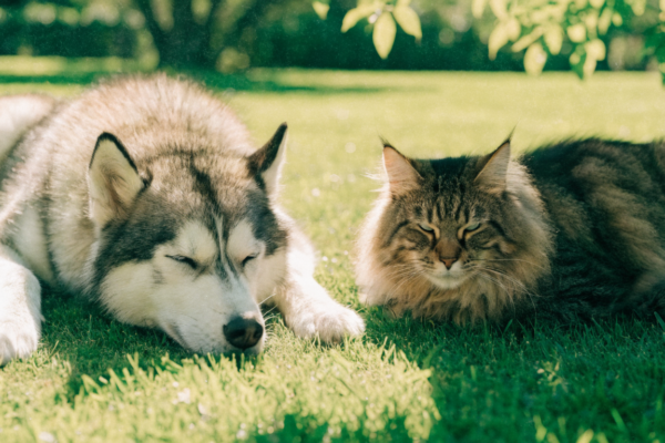 A Husky and Maine Coon cat relaxing in the summer sun with their thick, natural double coats.