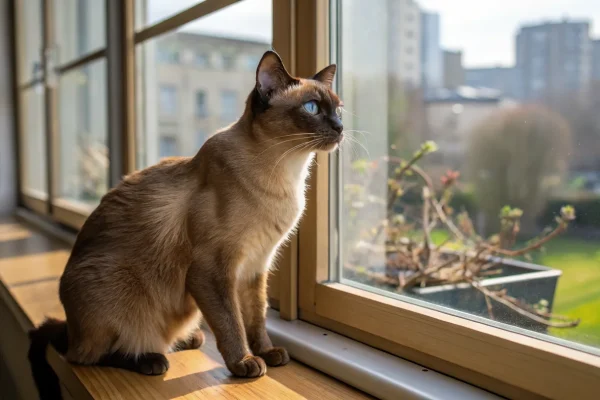 Tonkinese cat with aqua eyes and mink coat sitting on a windowsill in natural daylight