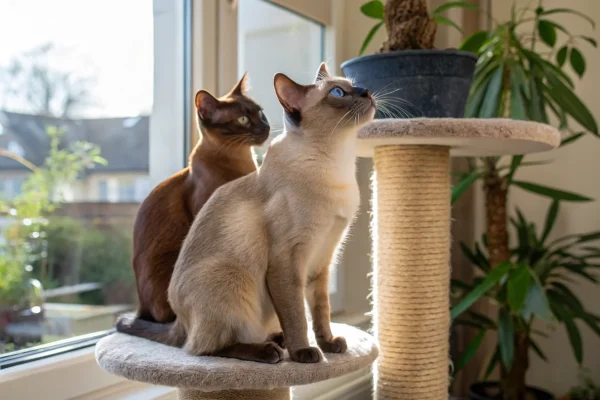 Two Tonkinese cats sitting together on a cat tree in a bright indoor space