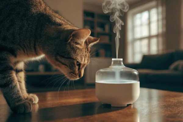 A curious tabby cat sniffs the mist from an essential oil diffuser, highlighting hidden household dangers for pets.