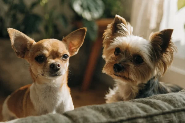 A Chihuahua and Yorkshire Terrier sitting together on a window seat in morning light