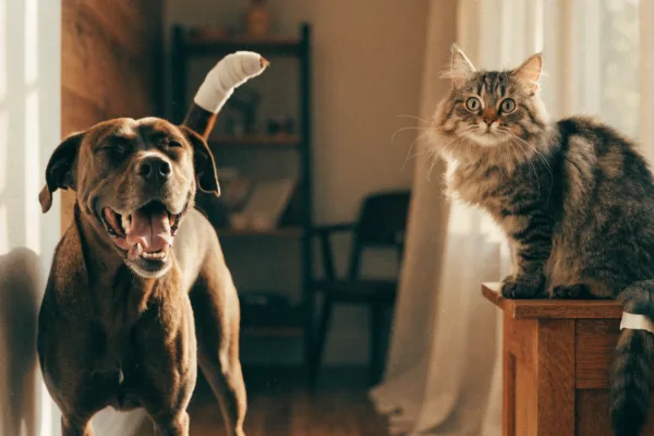 A happy dog with a bandaged tail and a cautious cat with a splinted tail illustrate different tail injuries.