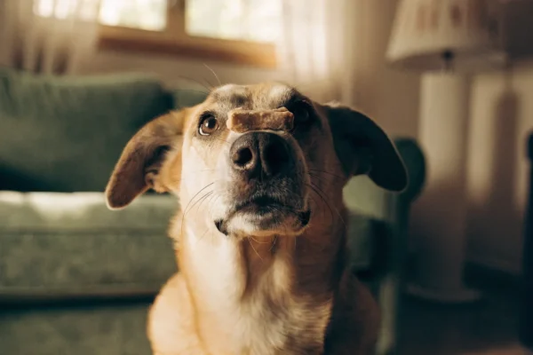 Dog balancing a treat on its nose during trick training