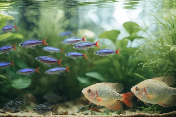 Planted freshwater community aquarium with neon tetras, honey gouramis, and corydoras catfish