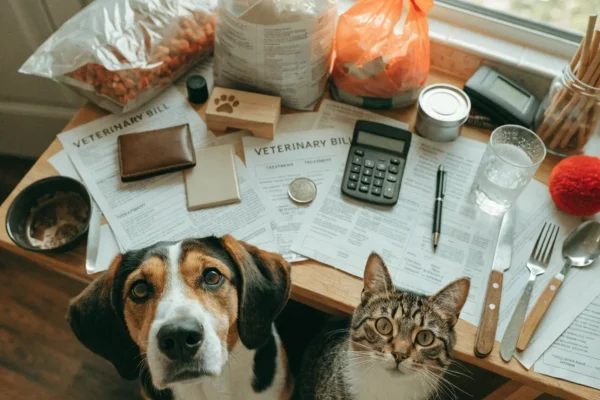 Kitchen table covered with pet supplies and bills with a dog and cat nearby, illustrating the real costs of pet ownership