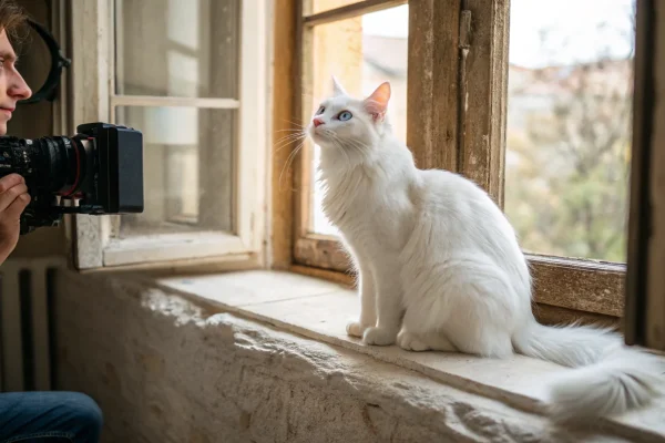 White Turkish Angora cat with odd eyes — one blue, one amber — sitting on a stone windowsill with silky coat in soft window light