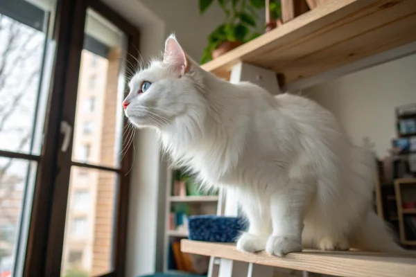 White Turkish Angora cat with long silky coat perched on a shelf observing the room