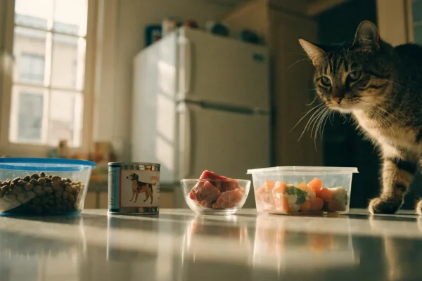 Different types of pet food displayed side by side including dry kibble, wet food, and raw food