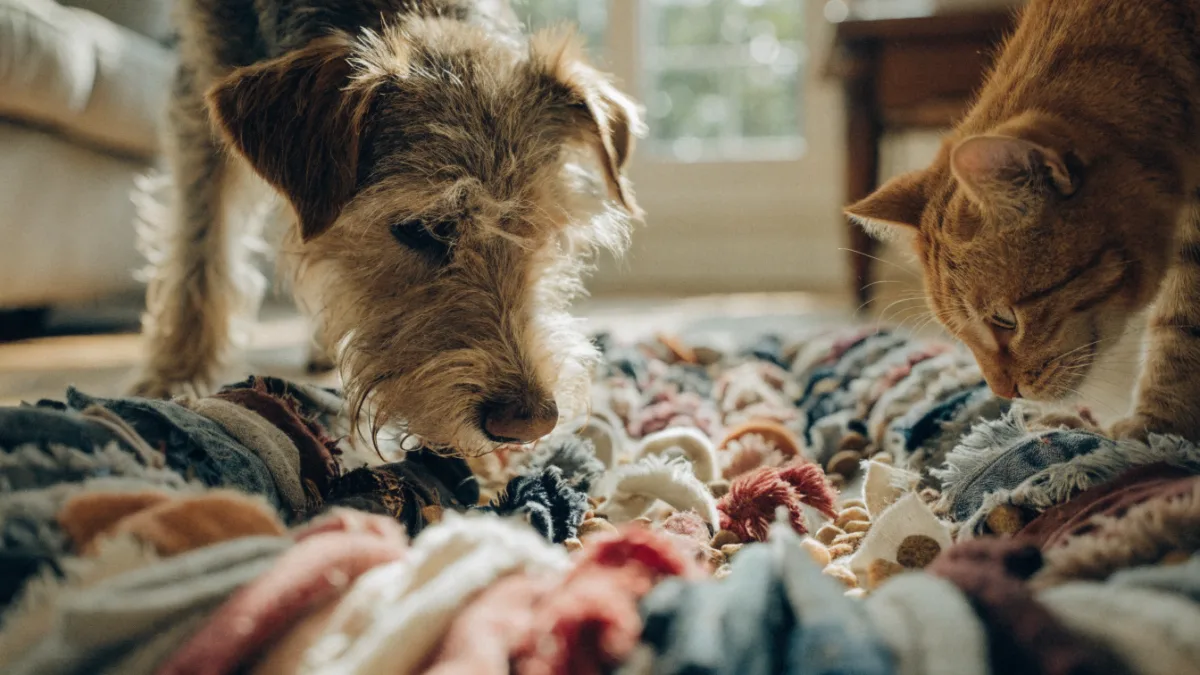 A terrier and a ginger cat happily foraging for kibble hidden in a colorful, upcycled DIY fabric mat.