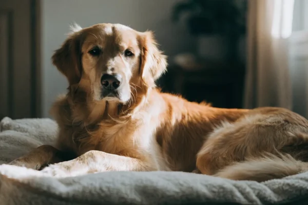 Golden retriever resting at home after vaccination, showing normal mild tiredness