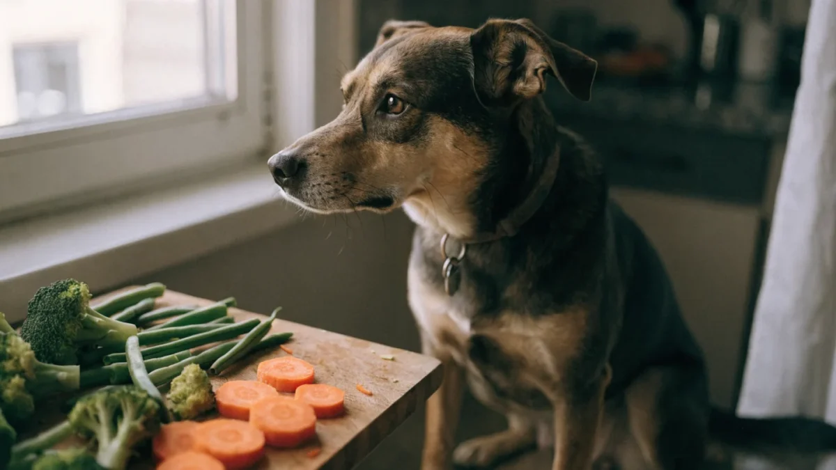 Dog sitting next to a cutting board with various safe vegetables like carrots and green beans