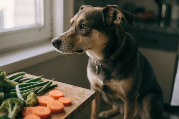 Dog sitting next to a cutting board with various safe vegetables like carrots and green beans