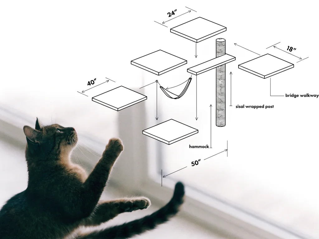 Diagram of a cat climbing wall with shelves, posts, and bridges at staggered heights