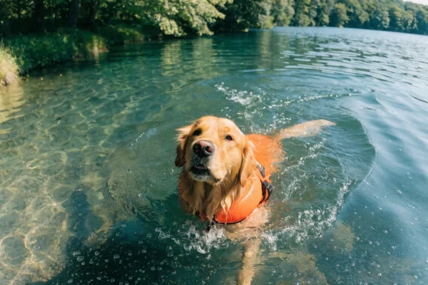 Golden retriever wearing orange life jacket swimming safely in a clear lake