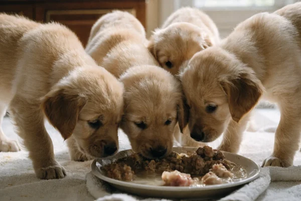 Litter of golden retriever puppies investigating a dish of soft food during weaning