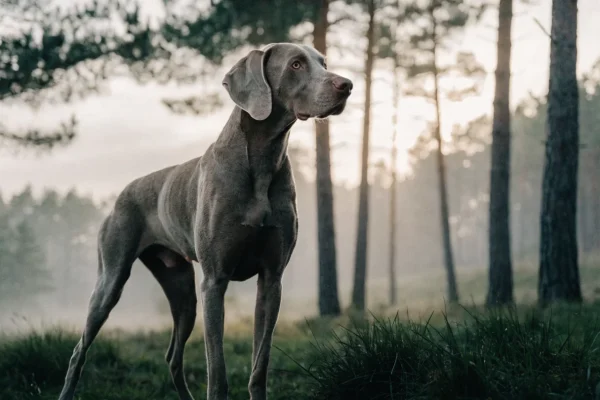 Weimaraner standing alert in a misty forest clearing at dawn with silver-grey coat catching diffused light
