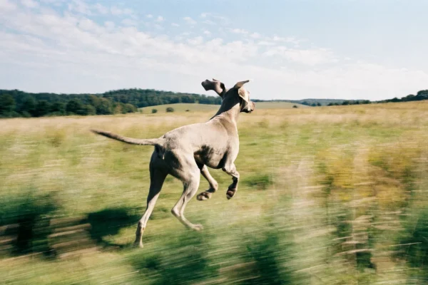 Weimaraner running at full stride through a grassy field with ears flying back and muscles engaged