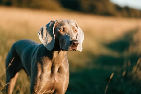 Weimaraner with silver-grey coat standing in a golden field, showing the breed's distinctive dilution coloring