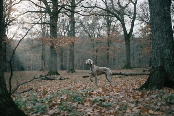 Weimaraner in a natural pointing stance in a European autumn forest with muted light