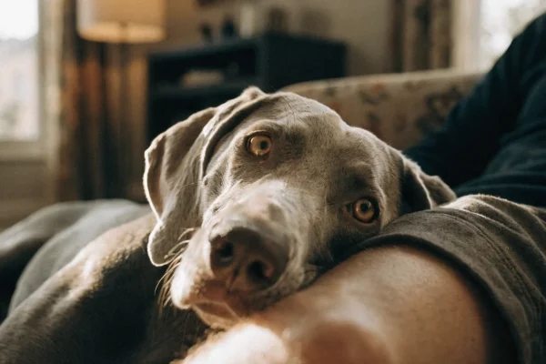 Weimaraner lying pressed against its owner on a sofa with an intense amber-eyed gaze