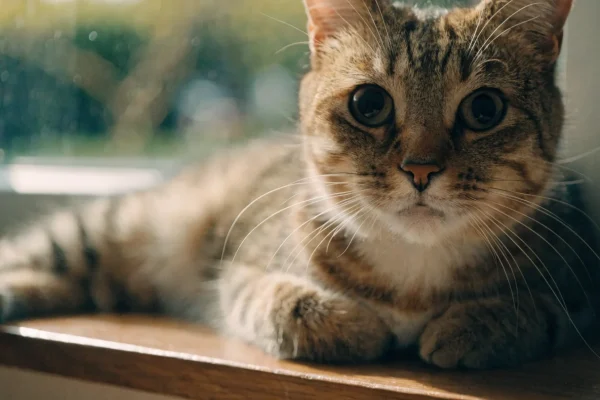 Tabby cat with dilated pupils resting on a sunny windowsill, displaying expressive cat eye signals