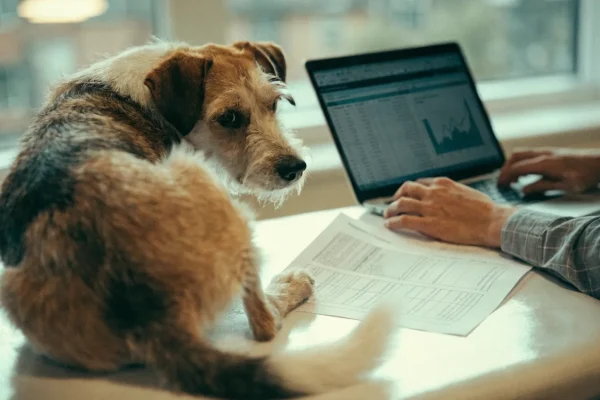 Mixed-breed dog on an exam table beside printed homemade diet recipe and nutrient analysis laptop in a veterinary consultation room