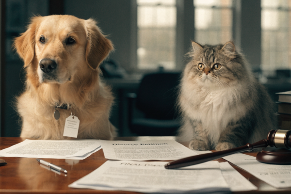 A dog and cat sit among legal documents and a gavel, illustrating the complexities of pet custody battles.