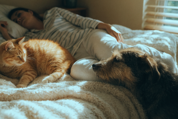 A cat kneads the blankets while a dog leans against its owner's legs during a cozy bedtime routine.