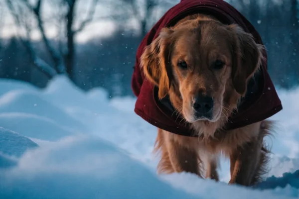 Golden retriever in red coat walking through snow-covered forest in winter
