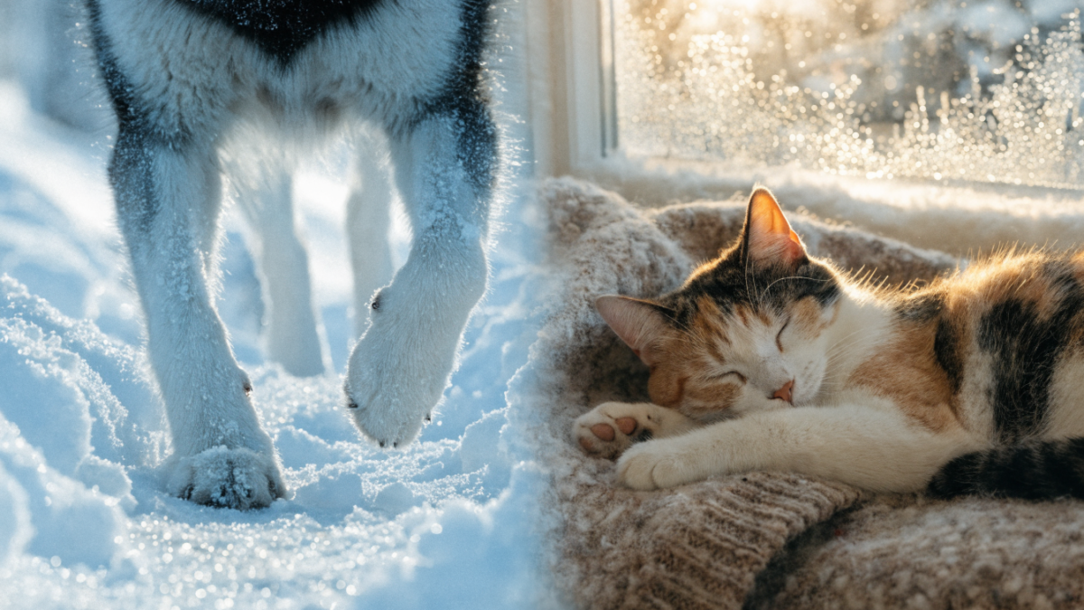 A dog's paws in the snowy salt and an indoor cat resting on a cozy winter blanket.