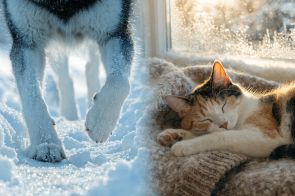 A dog's paws in the snowy salt and an indoor cat resting on a cozy winter blanket.