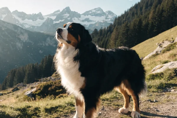 Bernese Mountain Dog standing on a mountain trail with alpine meadows and snow-capped peaks in the background